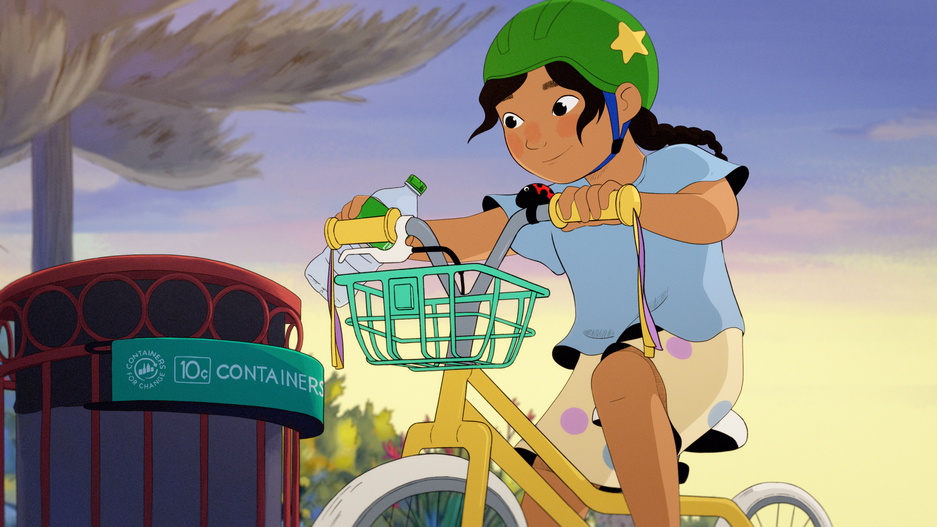 young girl riding to a containers for change bin