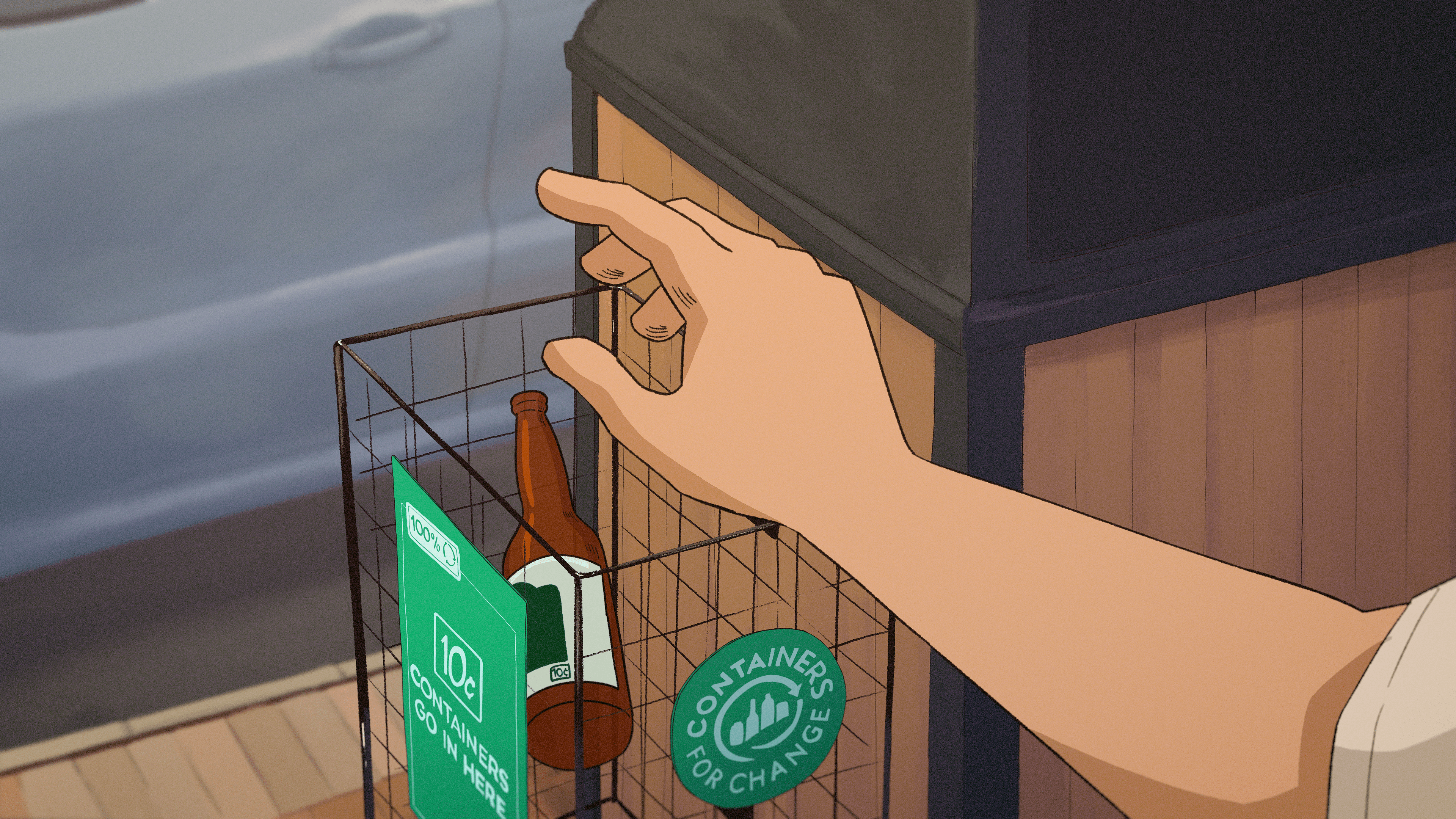 person placing a 10 cent container in a containers for change return bin